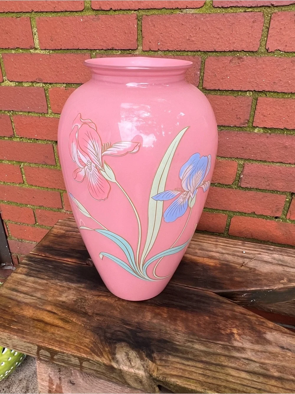 Vintage 1980s Pink Ceramic Floor Vase with Hand-Painted Art Deco Iris Design